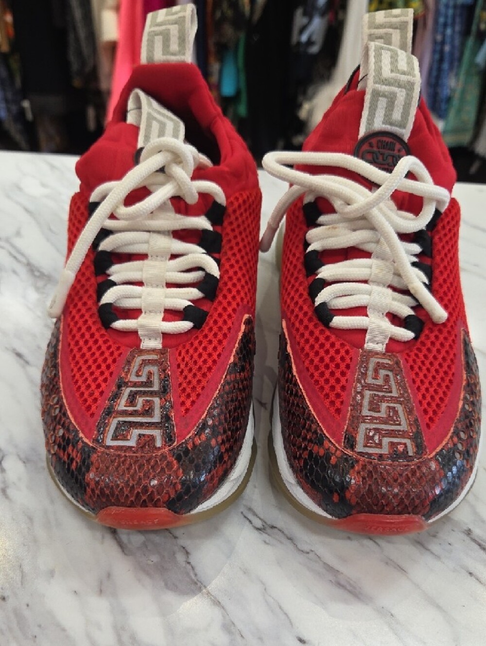 Versace Red Mesh & Snake-Print Women's Sneakers - Picture 2 of 13
